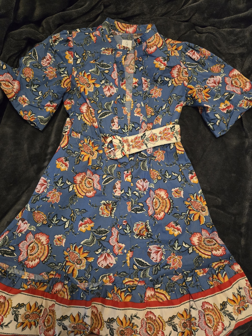 Blue Floral Button-Front Dress with Embroidered Belt